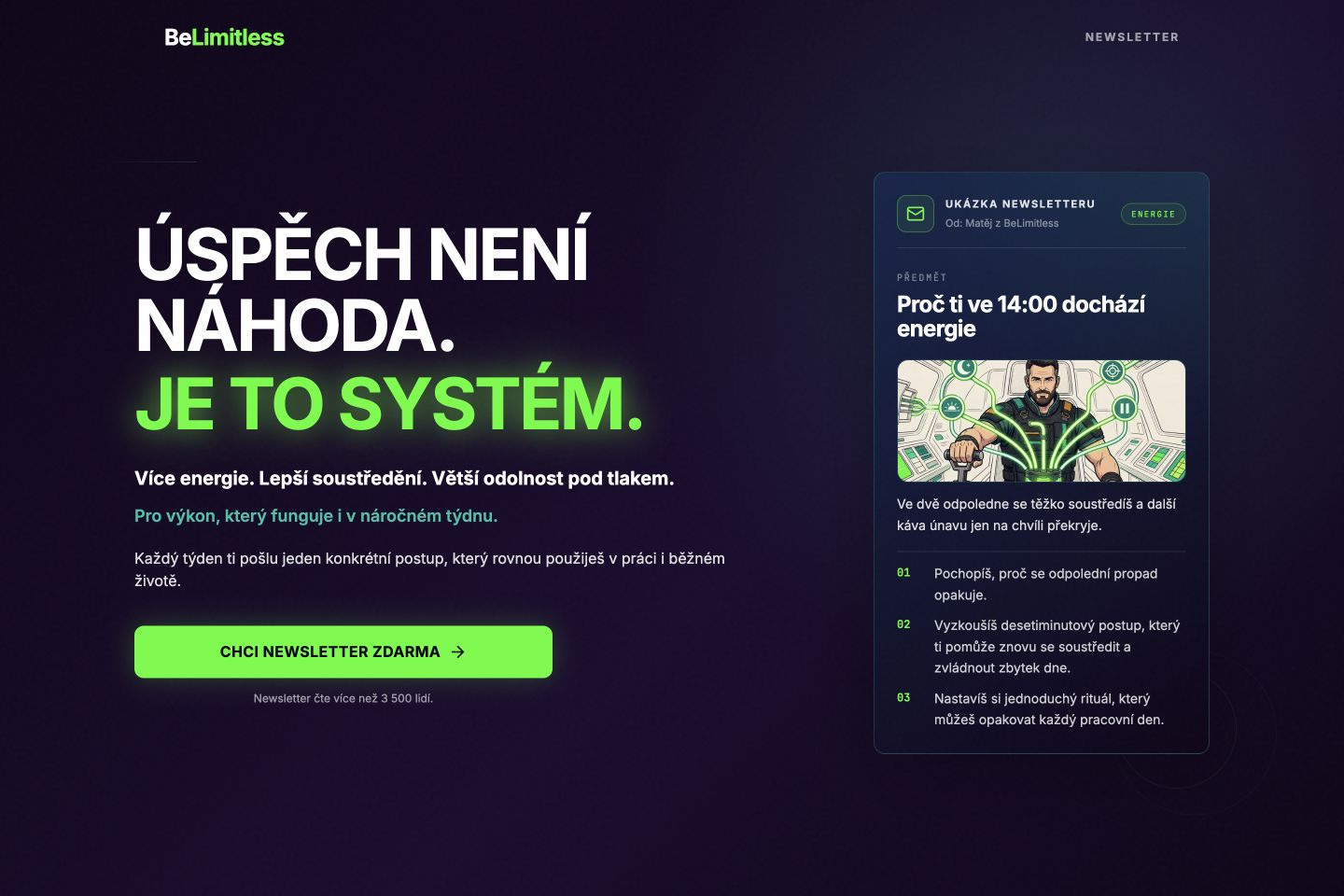Aktuálny web BeLimitless s ukážkou newsletteru a výzvou na bezplatný odber